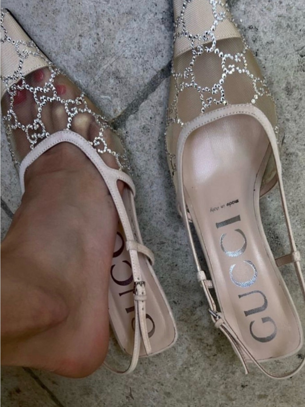 IN SEARCH OF Gucci Nude Embellished Mesh Slingback